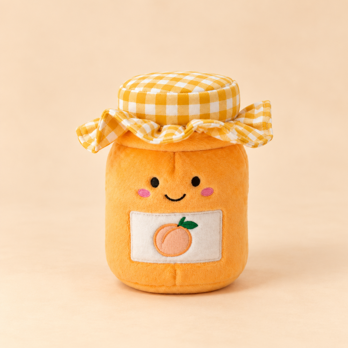 Apricot Jam enrichment toy: a soft plush toy with apricots and a yellow gingham lid