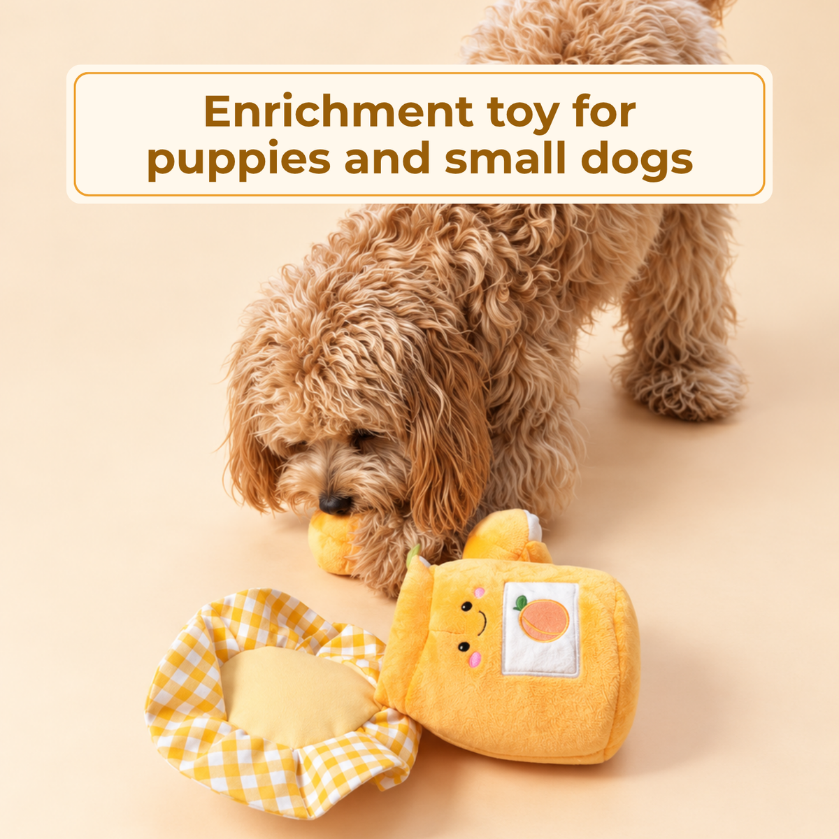 Small dog sniffing out treats from the apricots of the opened toy. Text: Enrichment toy for puppies and small dogs