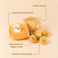 Features of the Apricot Jam toy: hidden treat pockets in the apricots, a big pocket for bigger treats, a crinkly lid and a safety breathing hole