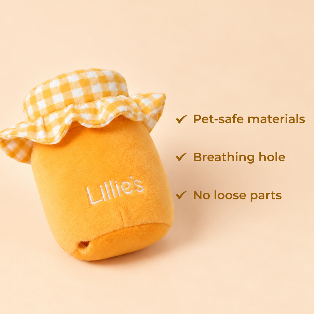 Back of the Apricot Jam toy with the embroidered Lillie's logo and the breathing hole. Pet-safe materials, breathing hole, no loose parts