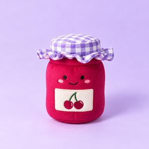 Cherry Jam enrichment toy: a soft plush toy with cherries and a lilac gingham lid