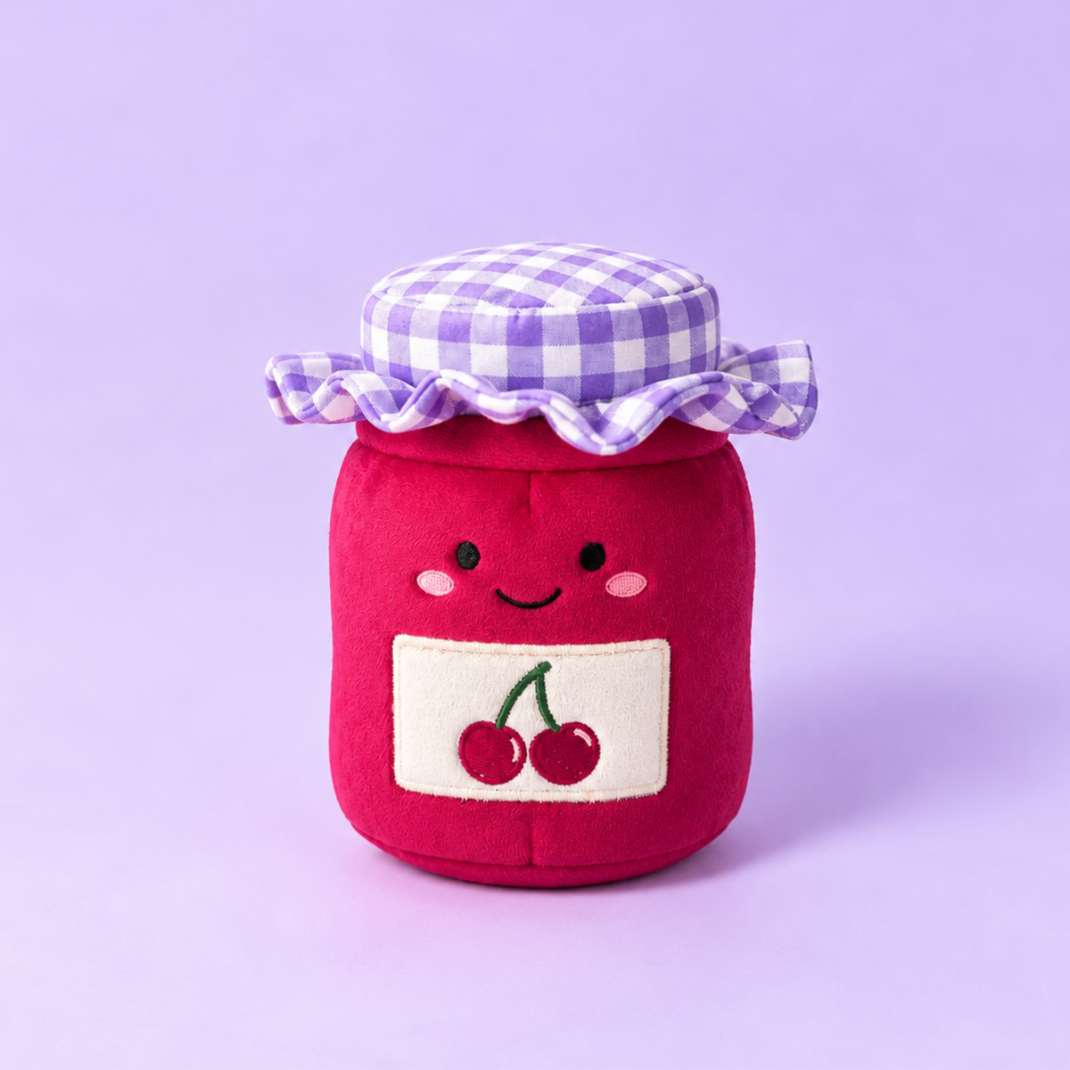 Cherry Jam enrichment toy: a soft plush toy with cherries and a lilac gingham lid