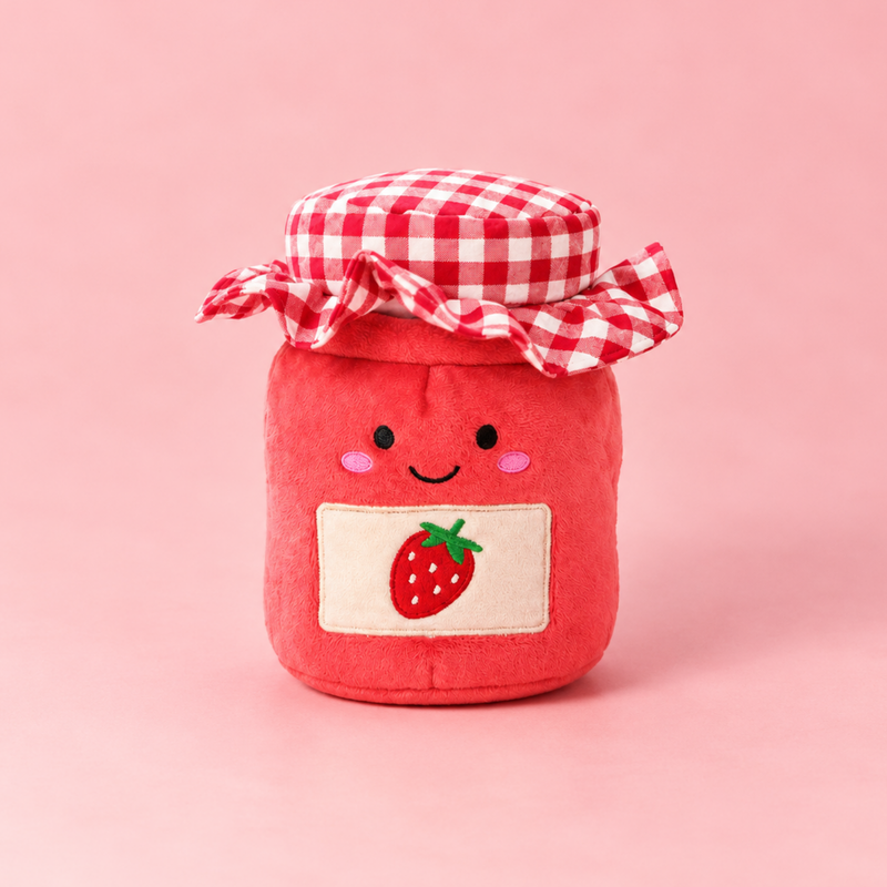Strawberry Jam enrichment toy: a soft plush toy with four strawberries and a red gingham lid