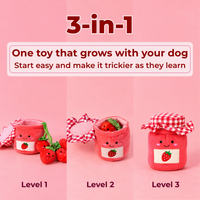 3-in-1, one toy that grows with your dog. Level 1: lid open, strawberries out. Level 2: strawberries tucked inside. Level 3: lid closed
