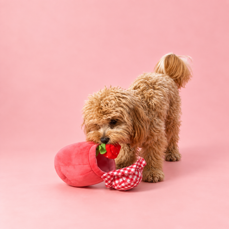 Small dog playing with the opened Strawberry Jam toy and searching for treats