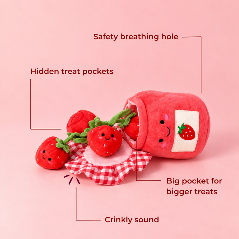 Features of the Strawberry Jam toy: hidden treat pockets in the strawberries, a big pocket for bigger treats, a crinkly lid and a safety breathing hole