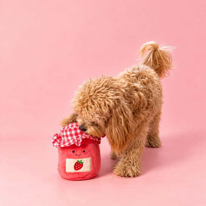 Small dog nosing the lid of the Strawberry Jam toy to find the treats inside